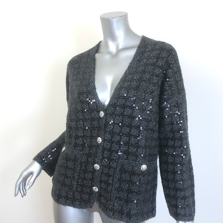 Maje Monaly Sequined Tweed-Effect Cardigan Charcoal Wool-Blend Size 1
