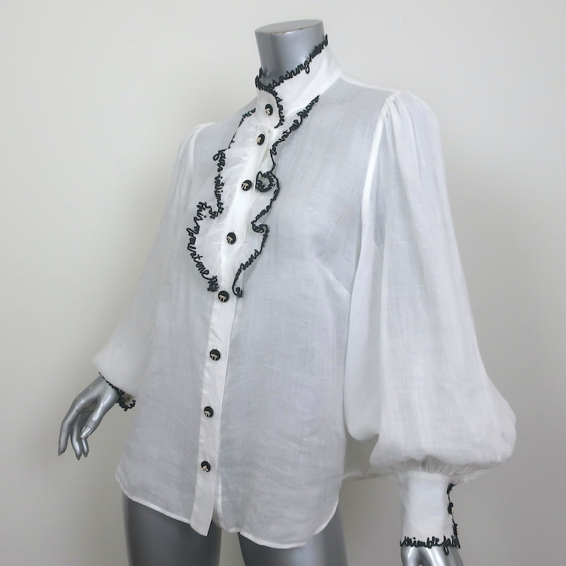 Zimmermann Dancer Embroidered Ruffle Blouse White Ramie Size 3 Long Sleeve Top