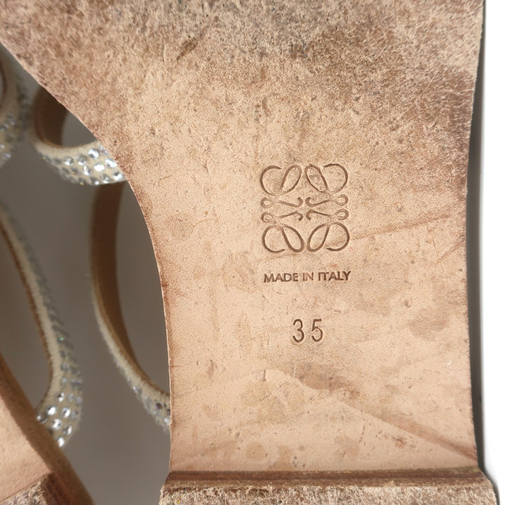 Loewe Crystal-Embellished Flat Slide Sandals Beige Suede Size 35