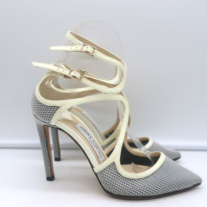 Jimmy Choo Lancer 100 Strappy Pumps Black/Cream Mesh &amp; Patent Leather Size 34.5