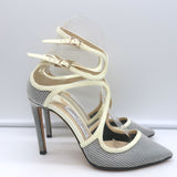 Jimmy Choo Lancer 100 Strappy Pumps Black/Cream Mesh & Patent Leather Size 34.5
