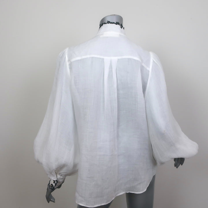 Zimmermann Dancer Embroidered Ruffle Blouse White Ramie Size 3 Long Sleeve Top