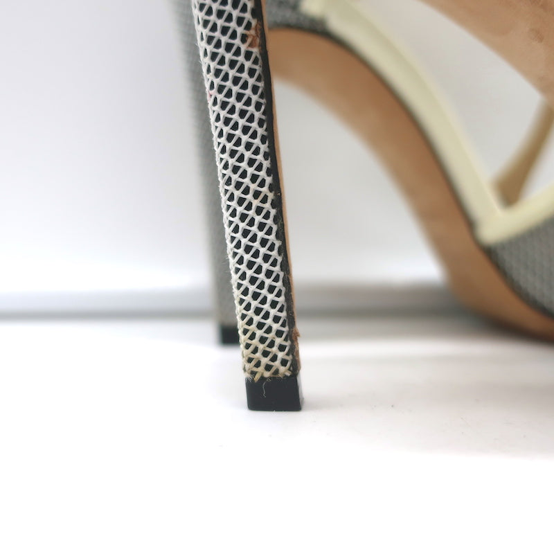 Jimmy Choo Lancer 100 Strappy Pumps Black/Cream Mesh &amp; Patent Leather Size 34.5