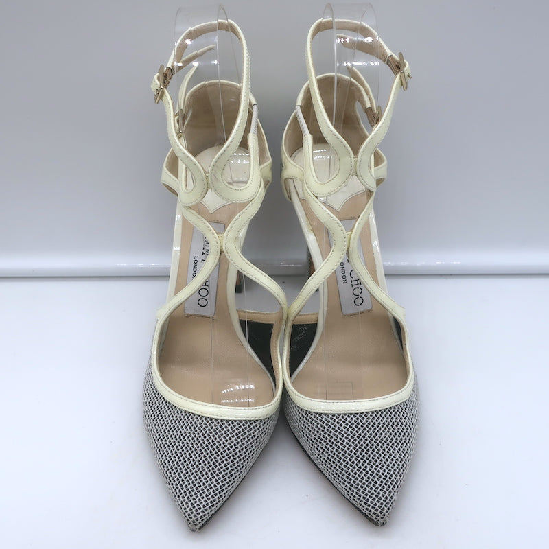 Jimmy Choo Lancer 100 Strappy Pumps Black/Cream Mesh &amp; Patent Leather Size 34.5