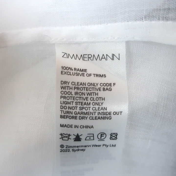 Zimmermann Dancer Embroidered Ruffle Blouse White Ramie Size 3 Long Sleeve Top