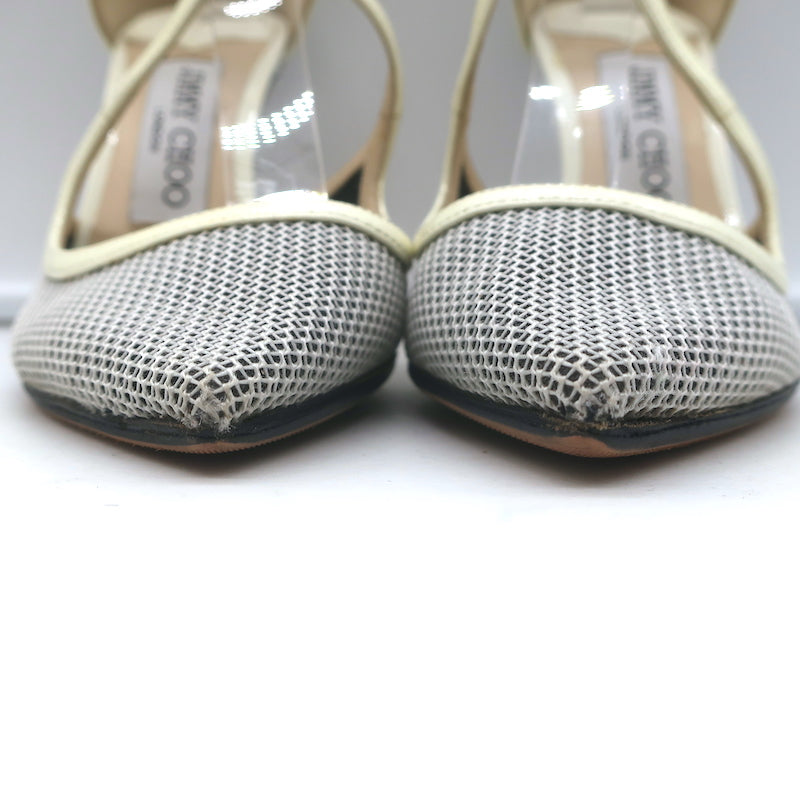 Jimmy Choo Lancer 100 Strappy Pumps Black/Cream Mesh &amp; Patent Leather Size 34.5