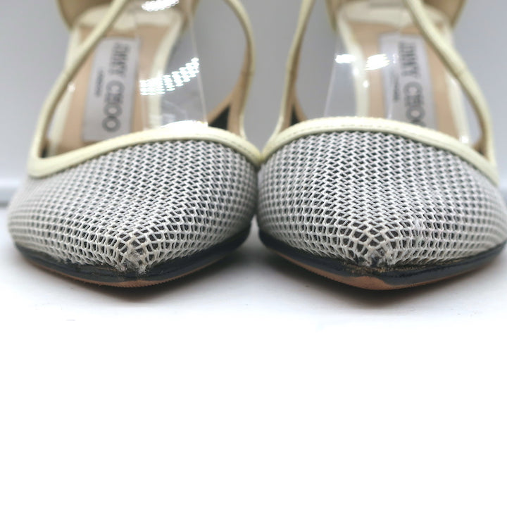 Jimmy Choo Lancer 100 Strappy Pumps Black/Cream Mesh &amp; Patent Leather Size 34.5