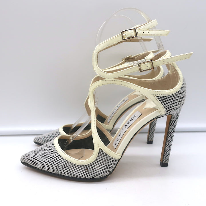 Jimmy Choo Lancer 100 Strappy Pumps Black/Cream Mesh &amp; Patent Leather Size 34.5