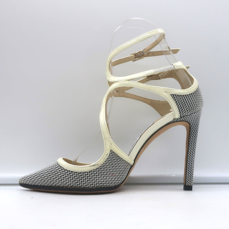 Jimmy Choo Lancer 100 Strappy Pumps Black/Cream Mesh &amp; Patent Leather Size 34.5