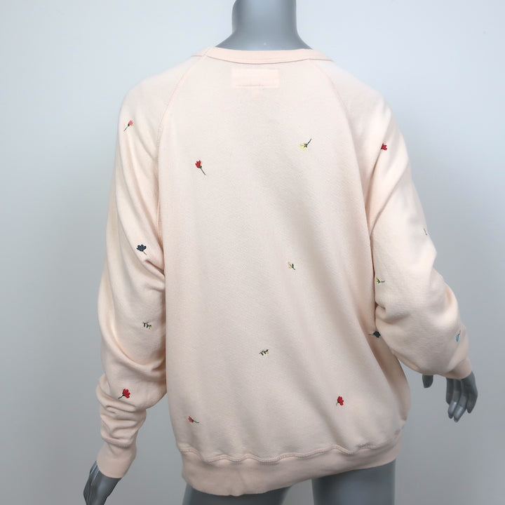 THE GREAT Floral Embroidered College Sweatshirt Light Pink Cotton Size 2