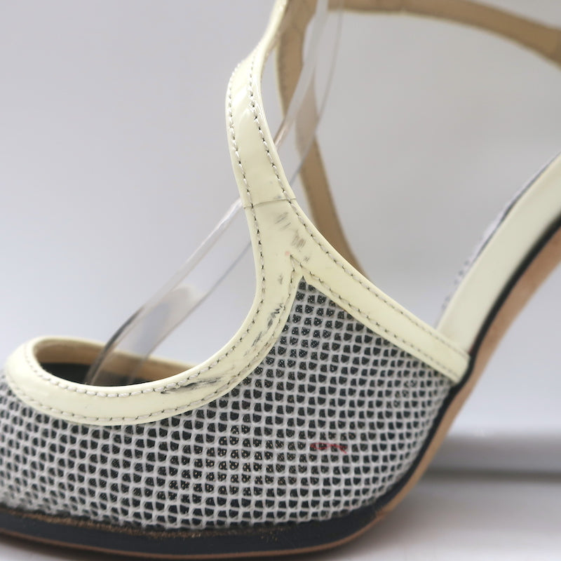 Jimmy Choo Lancer 100 Strappy Pumps Black/Cream Mesh &amp; Patent Leather Size 34.5