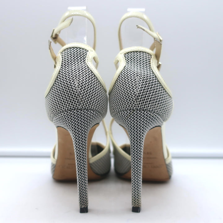 Jimmy Choo Lancer 100 Strappy Pumps Black/Cream Mesh &amp; Patent Leather Size 34.5