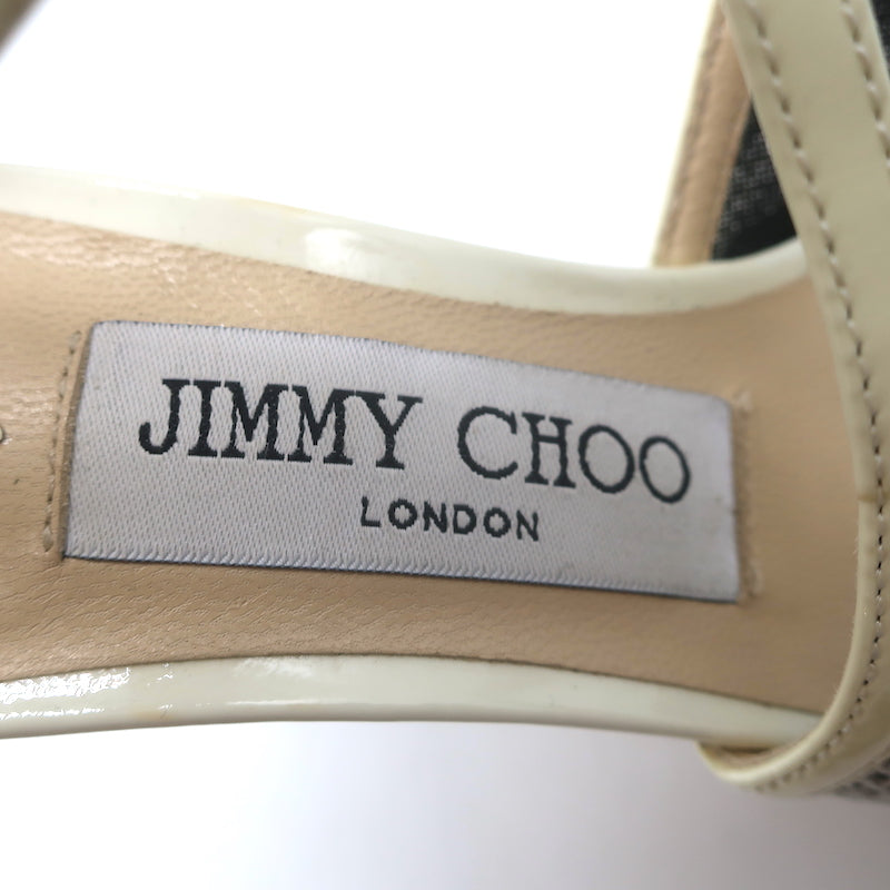 Jimmy Choo Lancer 100 Strappy Pumps Black/Cream Mesh &amp; Patent Leather Size 34.5
