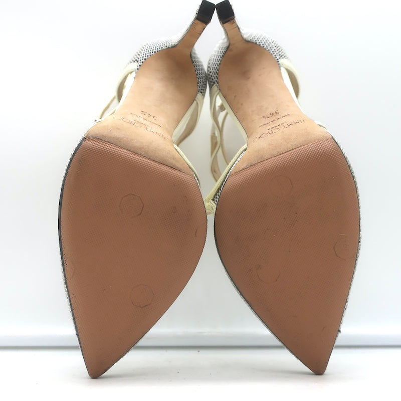 Jimmy Choo Lancer 100 Strappy Pumps Black/Cream Mesh &amp; Patent Leather Size 34.5