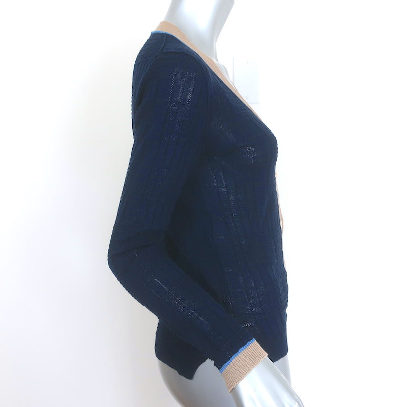 Marni Edition Windowpane Knit Contrast-Trim Cardigan Navy Cotton Size 38