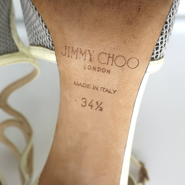 Jimmy Choo Lancer 100 Strappy Pumps Black/Cream Mesh &amp; Patent Leather Size 34.5