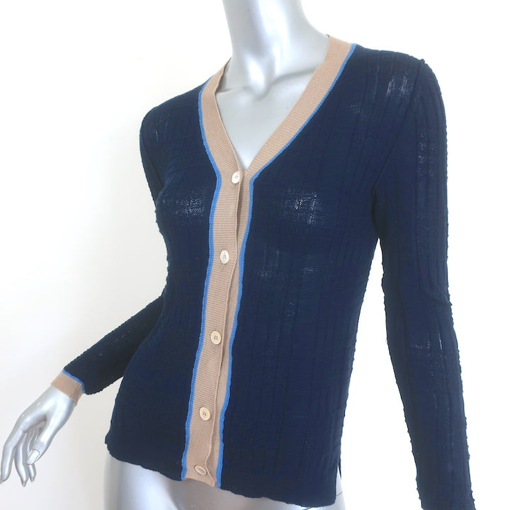 Marni Edition Windowpane Knit Contrast-Trim Cardigan Navy Cotton Size 38