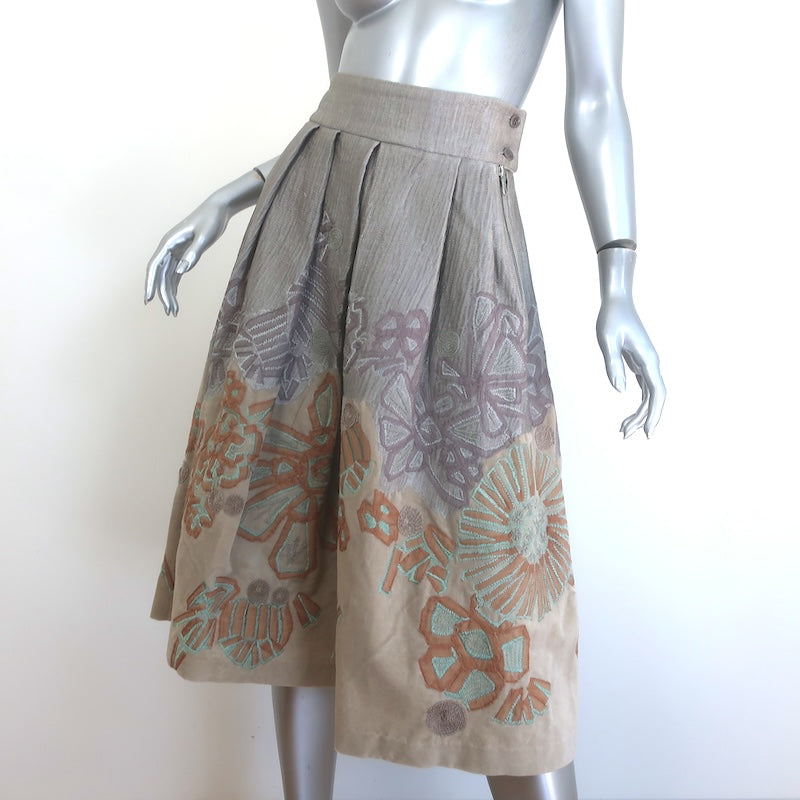 Dries Van Noten Embroidered Velvet Pleated Midi Skirt Gray/Taupe Cotton-Silk Size 38