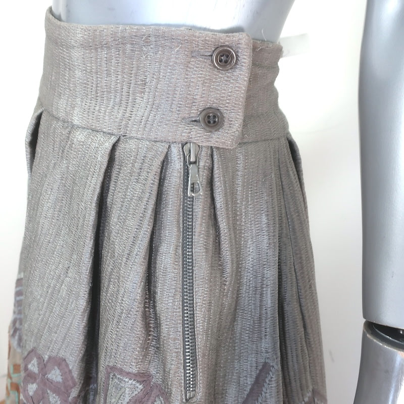 Dries Van Noten Embroidered Velvet Pleated Midi Skirt Gray/Taupe Cotton-Silk Size 38