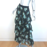 Zimmermann Whitewave Tiered Midi Skirt Black Floral Print Swiss Dot Size 0