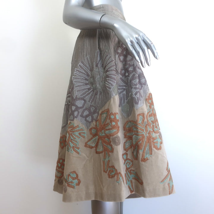 Dries Van Noten Embroidered Velvet Pleated Midi Skirt Gray/Taupe Cotton-Silk Size 38