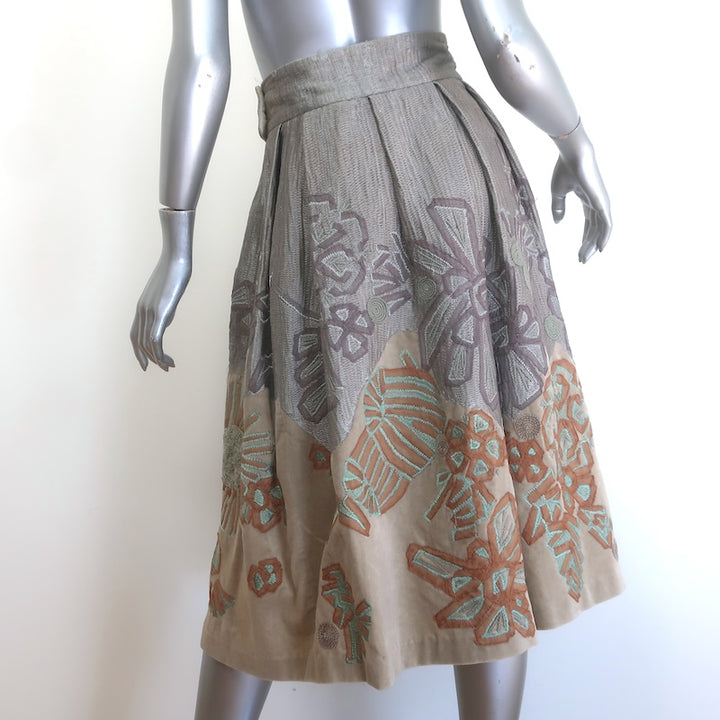 Dries Van Noten Embroidered Velvet Pleated Midi Skirt Gray/Taupe Cotton-Silk Size 38