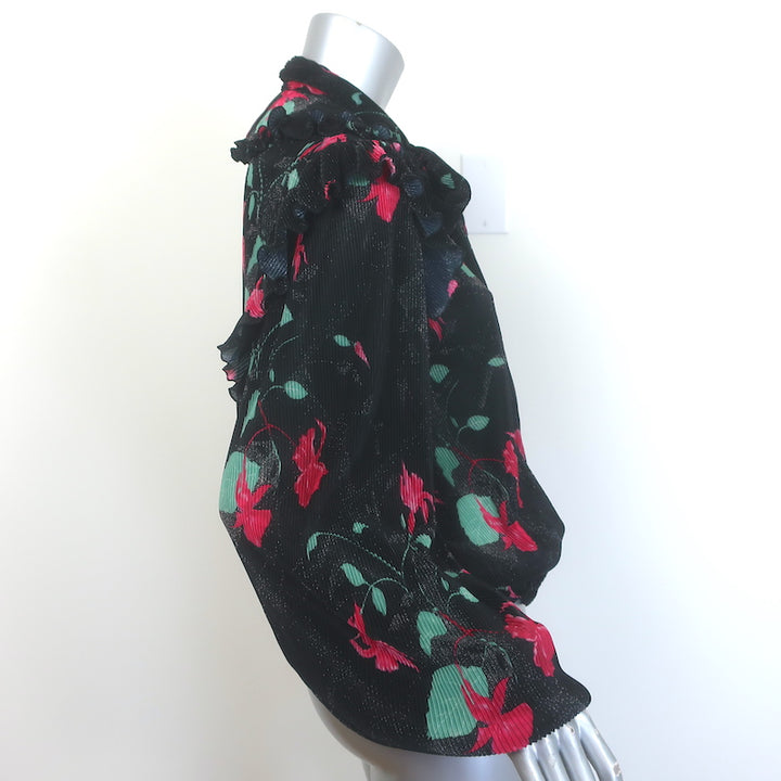 Balenciaga Pleated Pussy Bow Blouse Black Floral Print Size 36 Long Sleeve Top