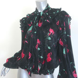Balenciaga Pleated Pussy Bow Blouse Black Floral Print Size 36 Long Sleeve Top