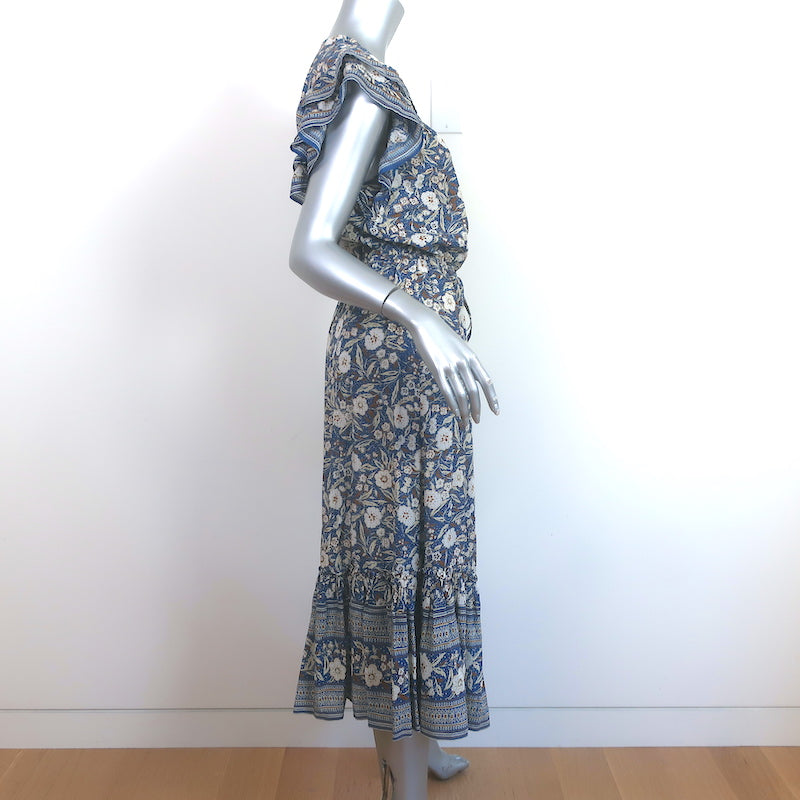 Veronica Beard Tinzia Midi Dress Blue Floral Print Cotton-Blend Size Large