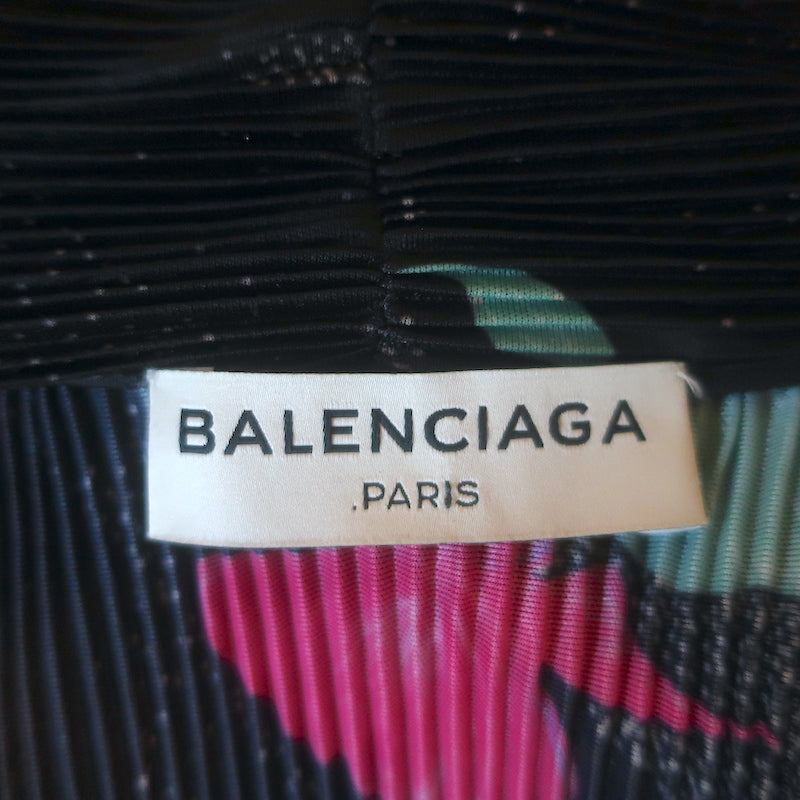Balenciaga Pleated Pussy Bow Blouse Black Floral Print Size 36 Long Sleeve Top