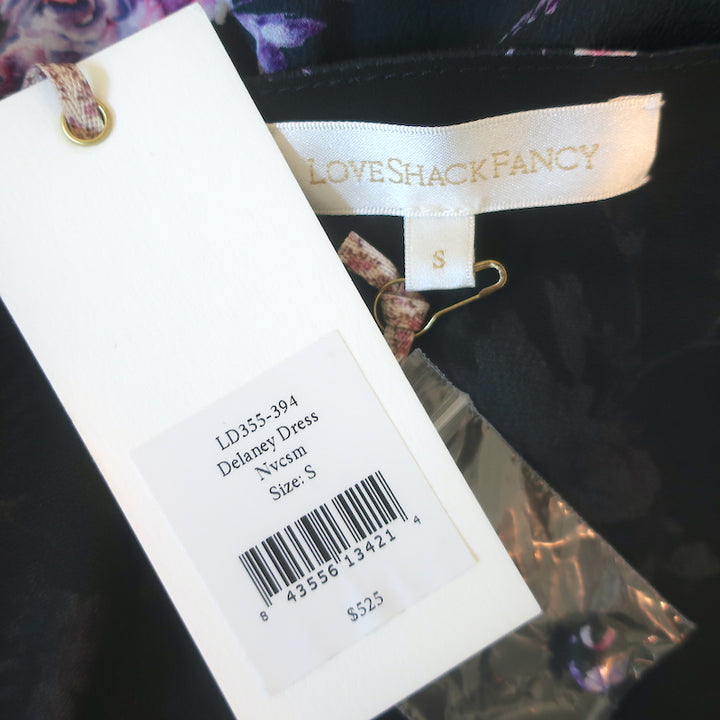 LoveShackFancy Delaney Button-Front Maxi Dress Black Floral Print Size Small NEW