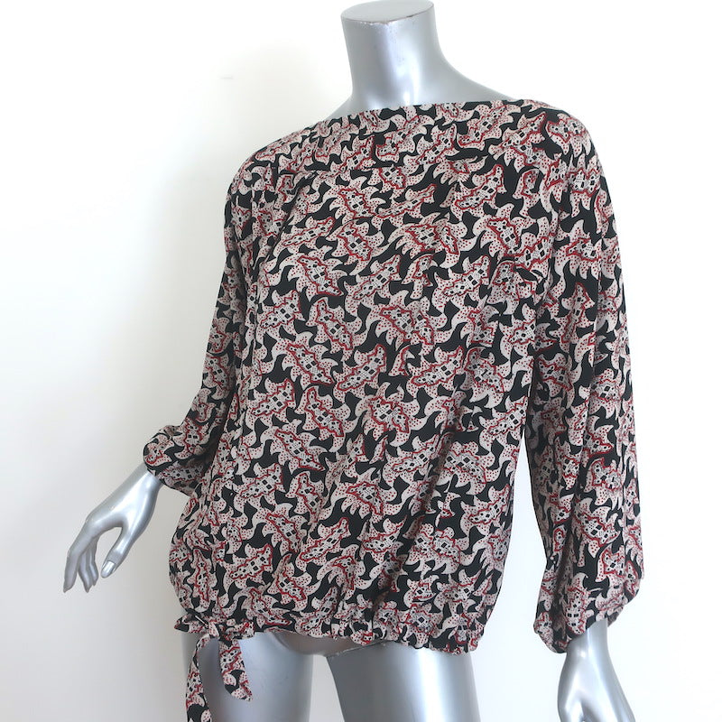 Isabel Marant Etoile Leland Tie-Hem Blouse Black/Beige Printed Crepe Size 34