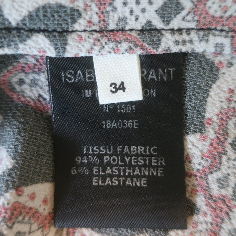 Isabel Marant Etoile Leland Tie-Hem Blouse Black/Beige Printed Crepe Size 34