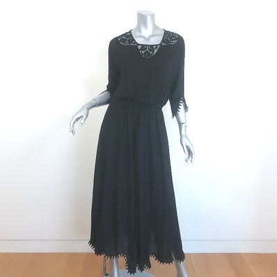 THE GREAT Crochet Lace-Trimmed Midi Dress Black Silk Size 1