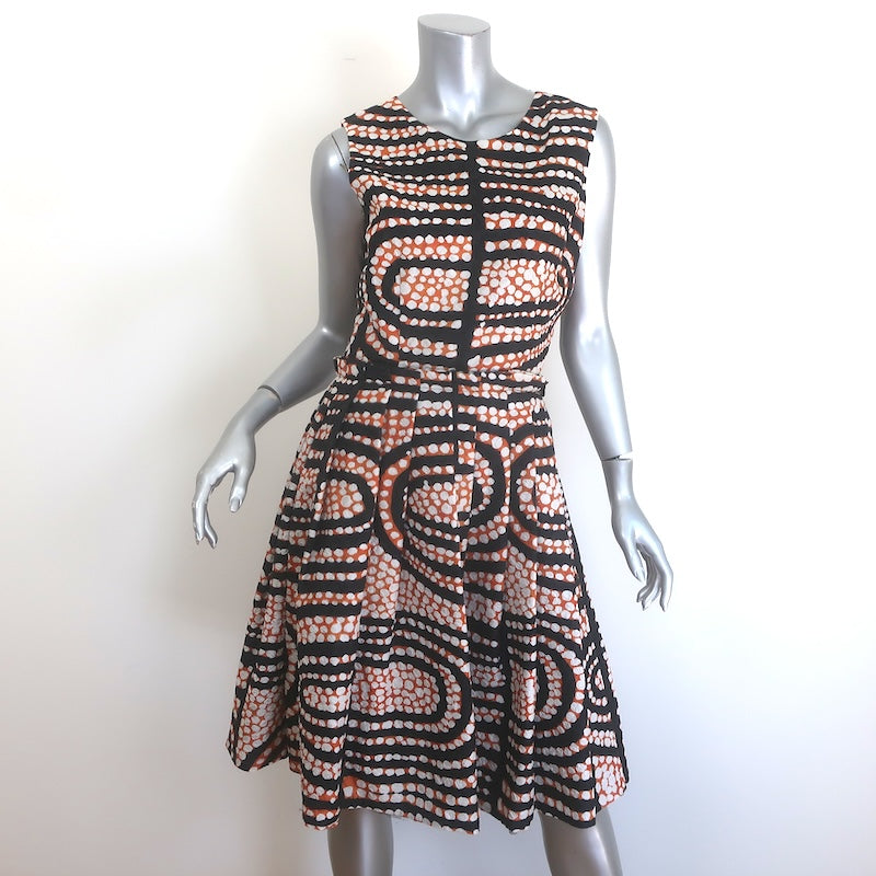 Rodarte Printed Cloque Belted Pleated Fit &amp; Flare Dress Black/Orange/White Size 6