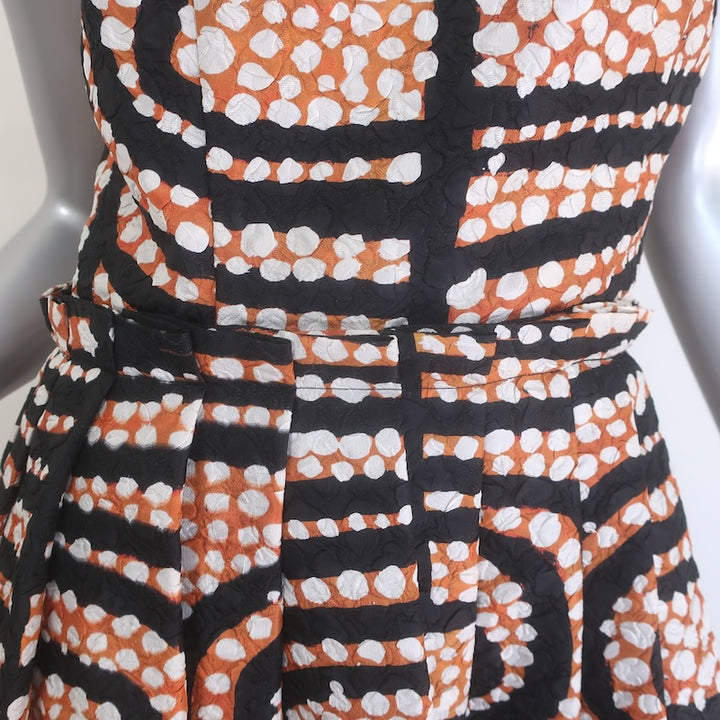 Rodarte Printed Cloque Belted Pleated Fit &amp; Flare Dress Black/Orange/White Size 6