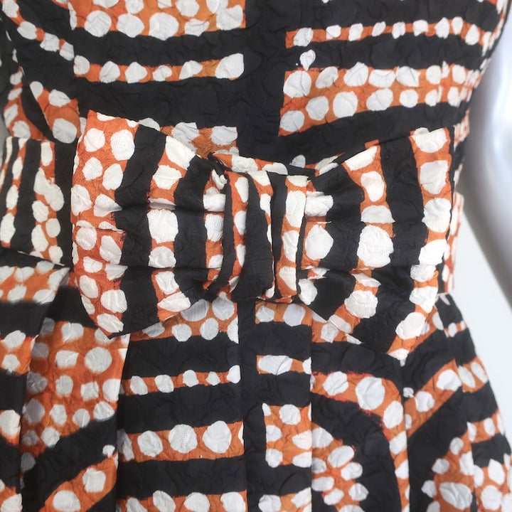 Rodarte Printed Cloque Belted Pleated Fit &amp; Flare Dress Black/Orange/White Size 6
