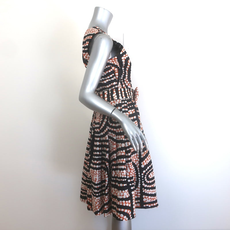 Rodarte Printed Cloque Belted Pleated Fit &amp; Flare Dress Black/Orange/White Size 6