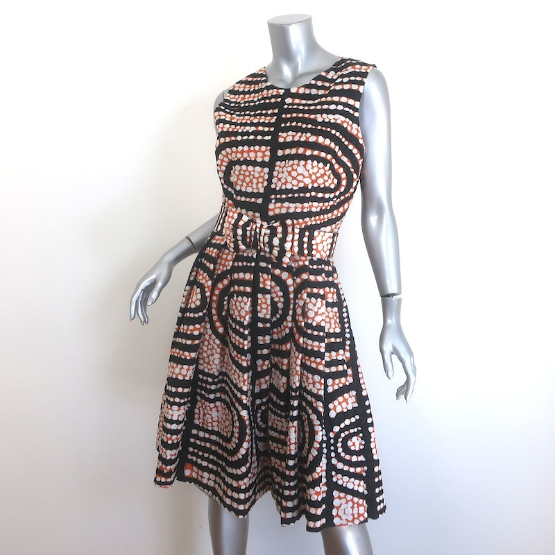 Rodarte Printed Cloque Belted Pleated Fit &amp; Flare Dress Black/Orange/White Size 6