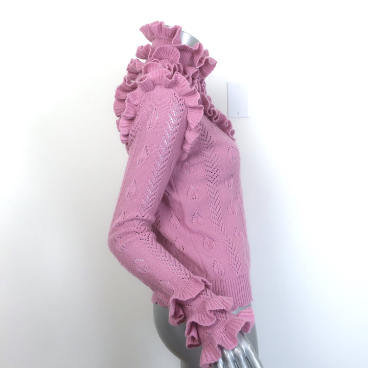 Gucci Ruffled Pointelle Knit Turtleneck Sweater Pink Wool-Blend Size Large