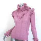 Gucci Ruffled Pointelle Knit Turtleneck Sweater Pink Wool-Blend Size Large