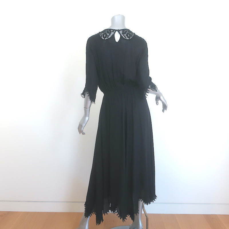 THE GREAT Crochet Lace-Trimmed Midi Dress Black Silk Size 1
