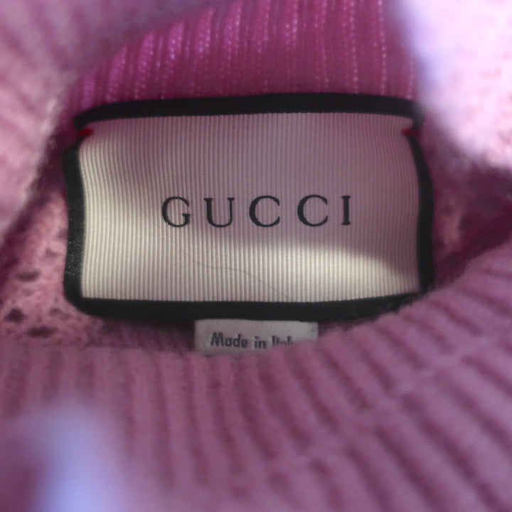 Gucci Ruffled Pointelle Knit Turtleneck Sweater Pink Wool-Blend Size Large