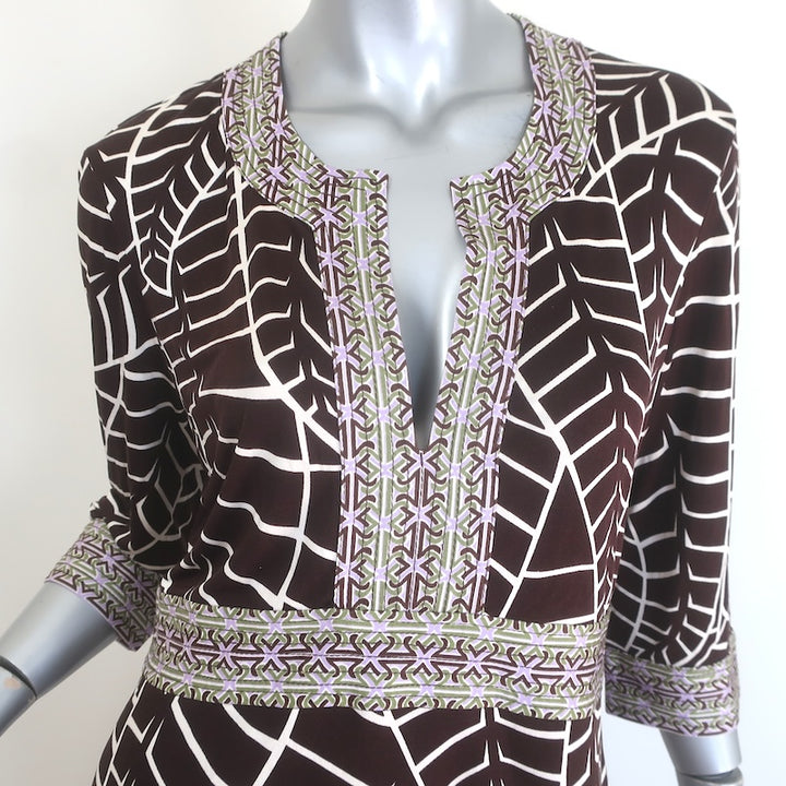 Tory Burch Banana Leaf Print Silk Jersey Dress Dark Brown Size Large