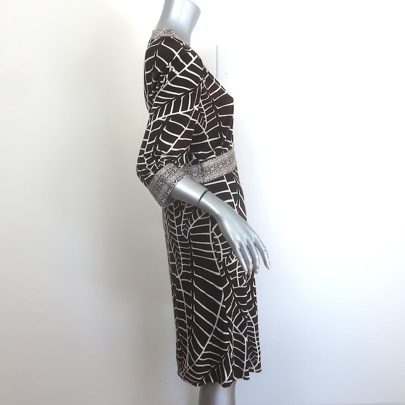 Tory Burch Banana Leaf Print Silk Jersey Dress Dark Brown Size Large