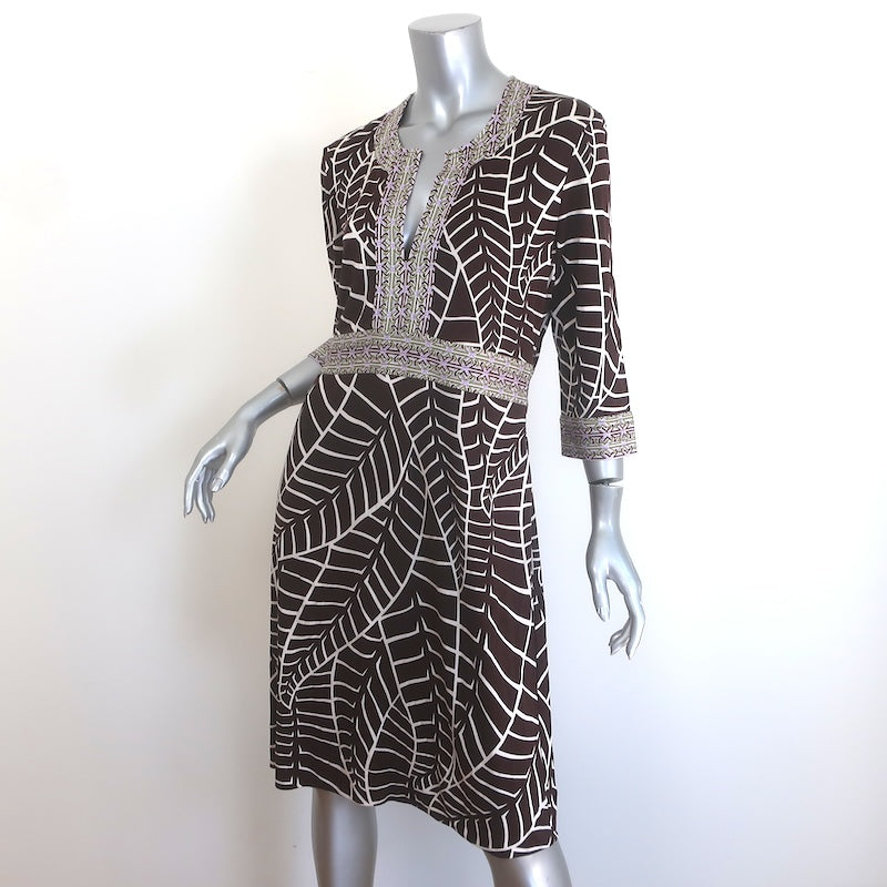 Tory Burch Banana Leaf Print Silk Jersey Dress Dark Brown Size Large
