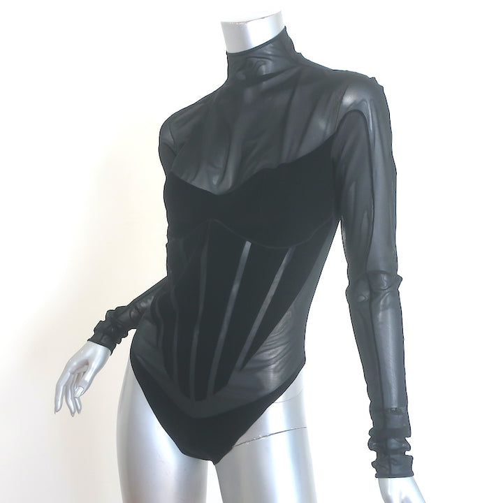 Wolford x Mugler Flock Shaping Bodysuit Black Velvet &amp; Mesh Size Medium NEW