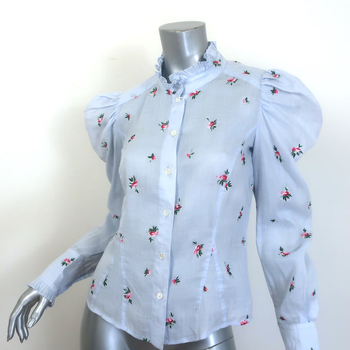 Isabel Marant Utah Floral-Embroidered Puff Sleeve Blouse Light Blue Size 36