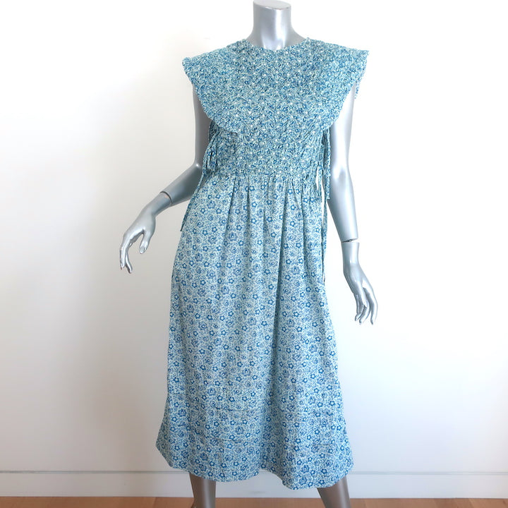 SEA Ida Smocked Midi Dress Blue Floral Print Cotton Size Small