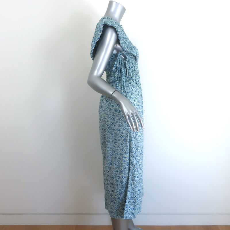 SEA Ida Smocked Midi Dress Blue Floral Print Cotton Size Small